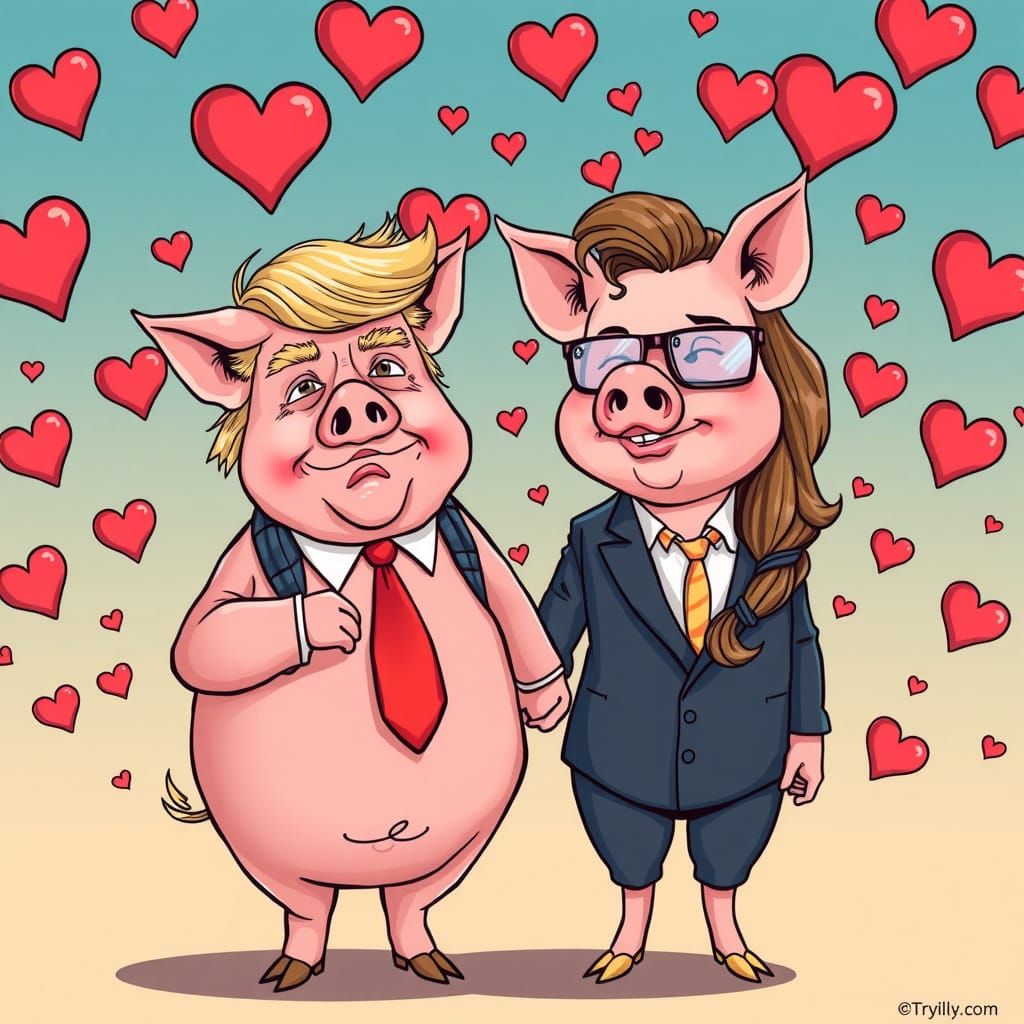 Pigs of Power: Donald Trump and Elon Musk in Whimsical Carto...