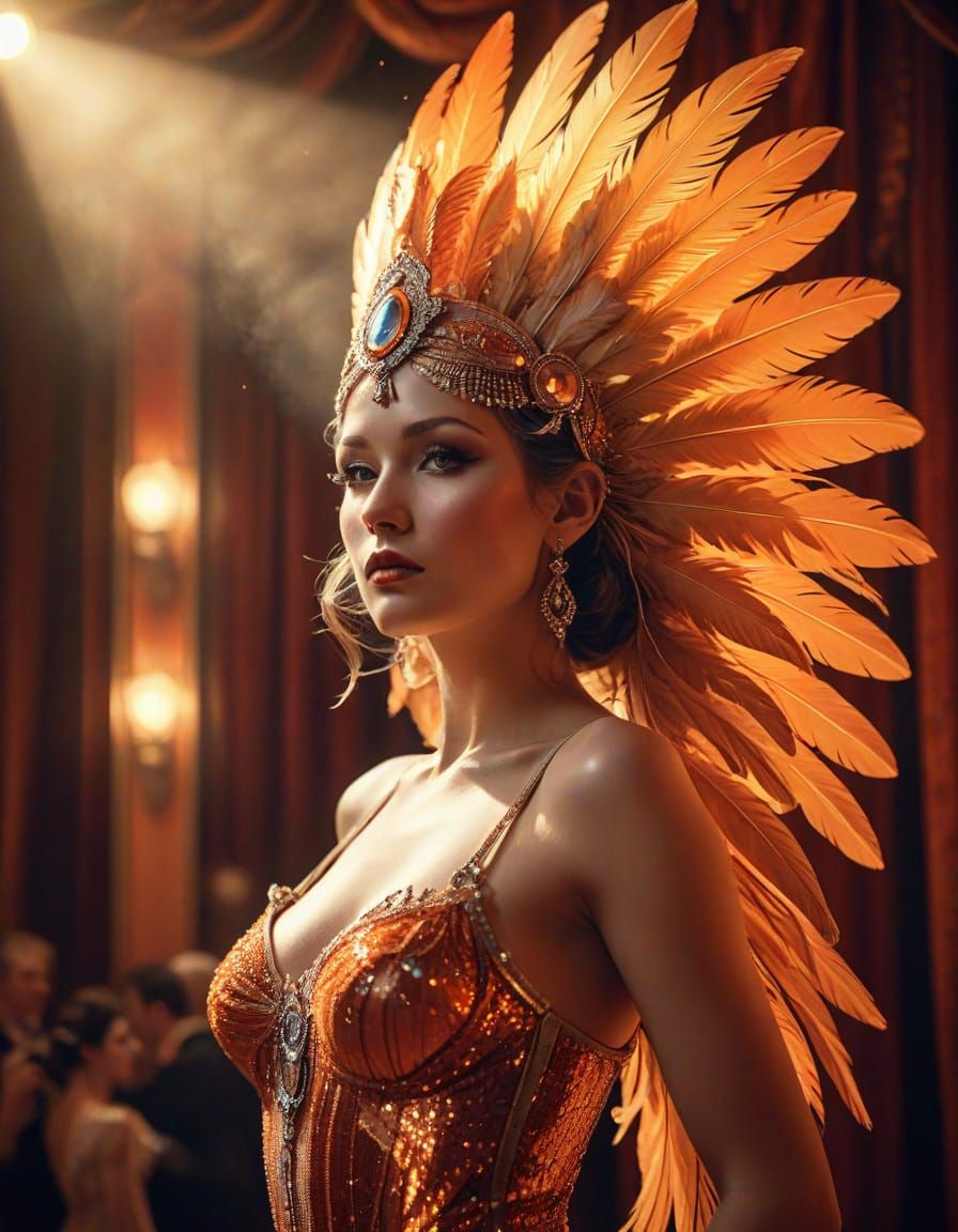 Cabaret Showgirl in Feathered Headdress, Digital Art