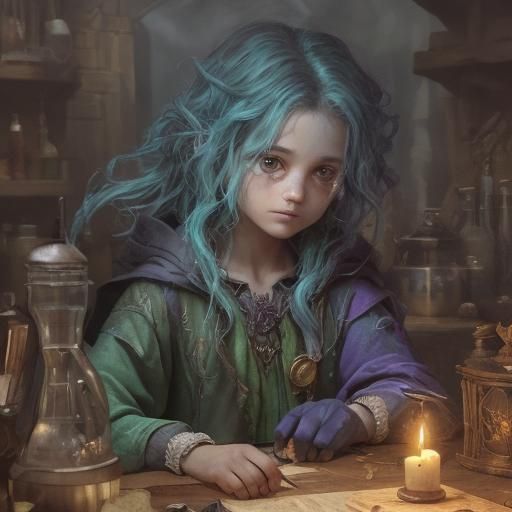 Alchemist Kid Mixing Potions in Mystical Workshop