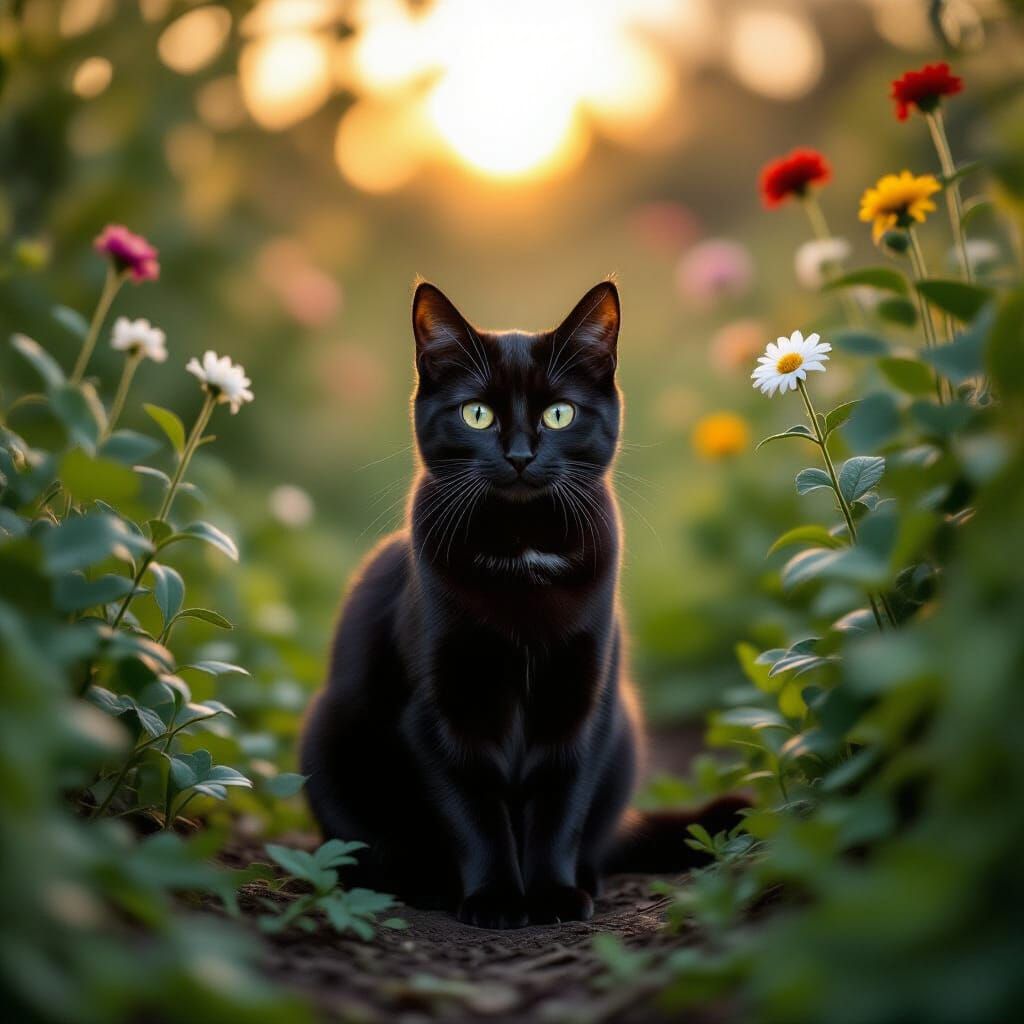 Black Cat in Overgrown Garden at Dawn