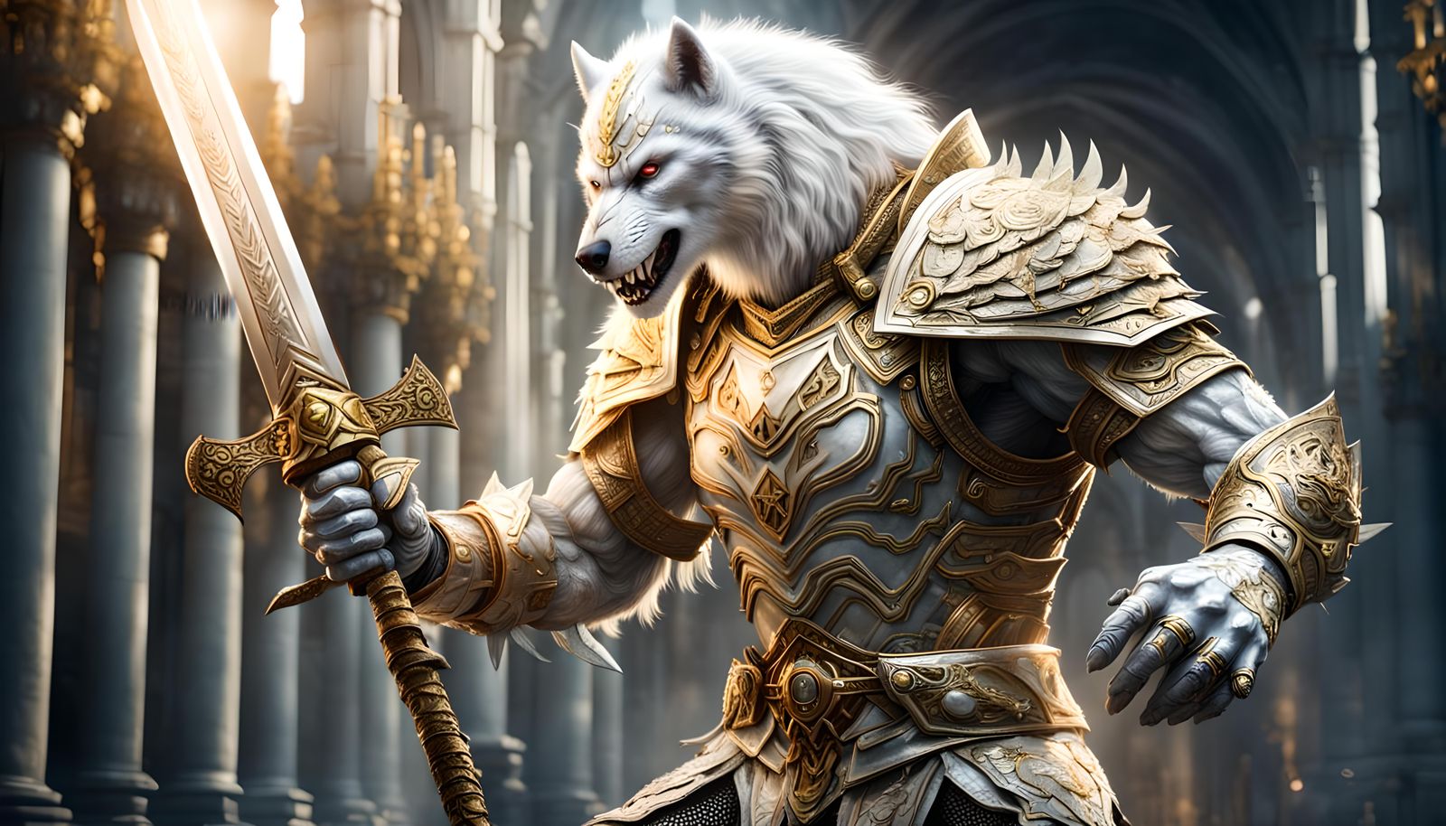 Armored White Werewolf with Sword of Light