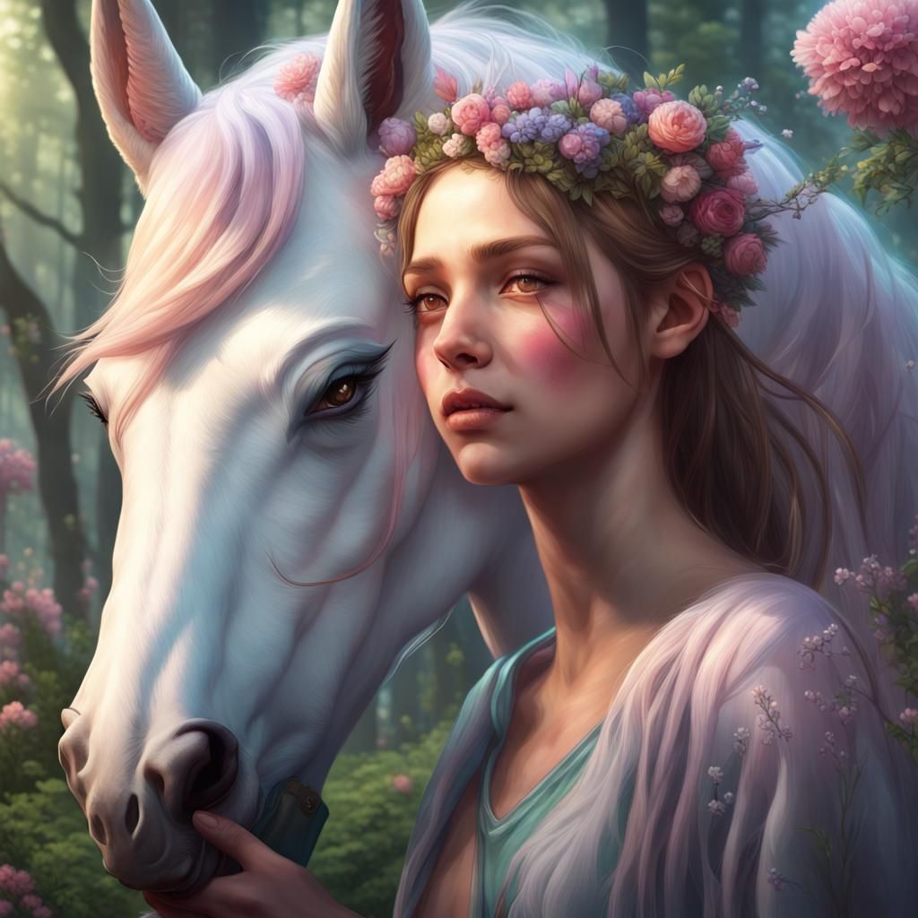 Girl Heals Unicorn with Magic: Artgerm and Mucha Style