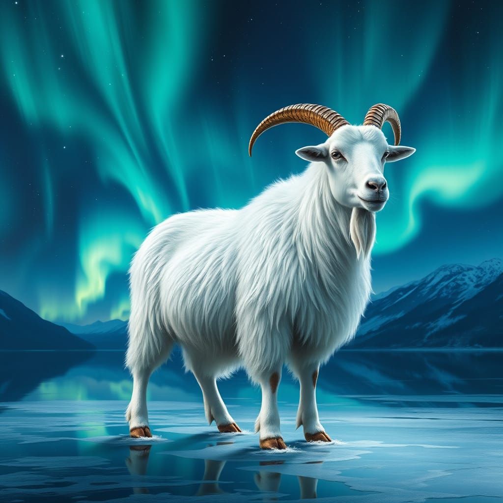 Majestic Goat in Aurora Borealis Landscape