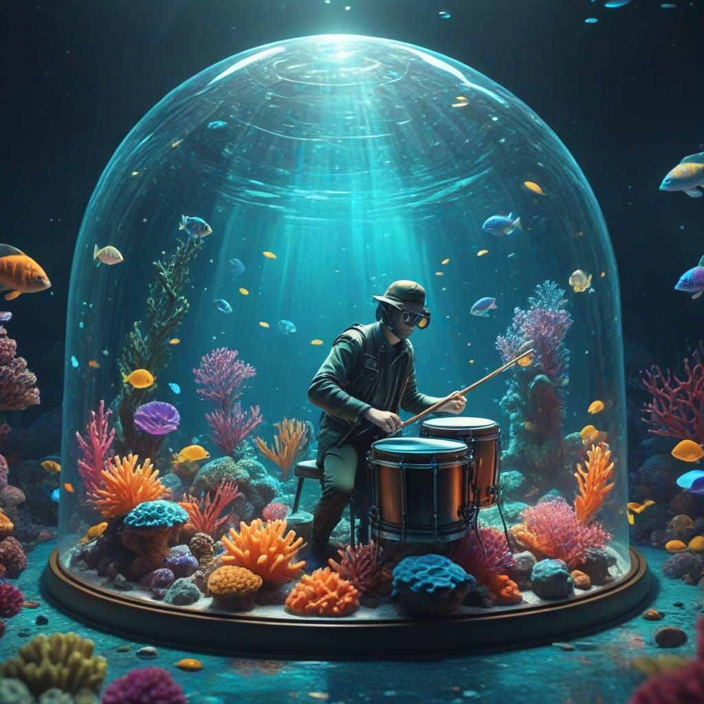 Underwater Drummer in Glass Dome: Cartoon Digital Art