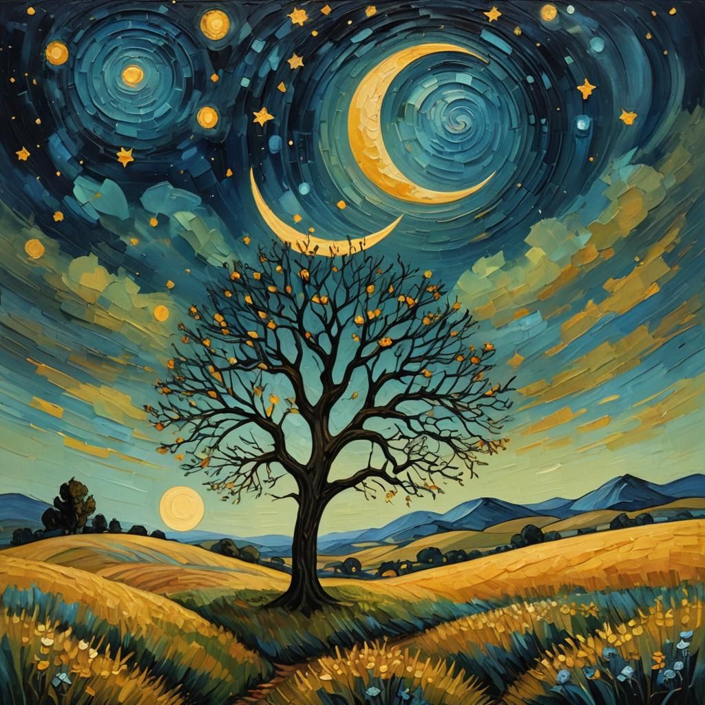 Folk Art: Lone Tree Under Starry Night Sky