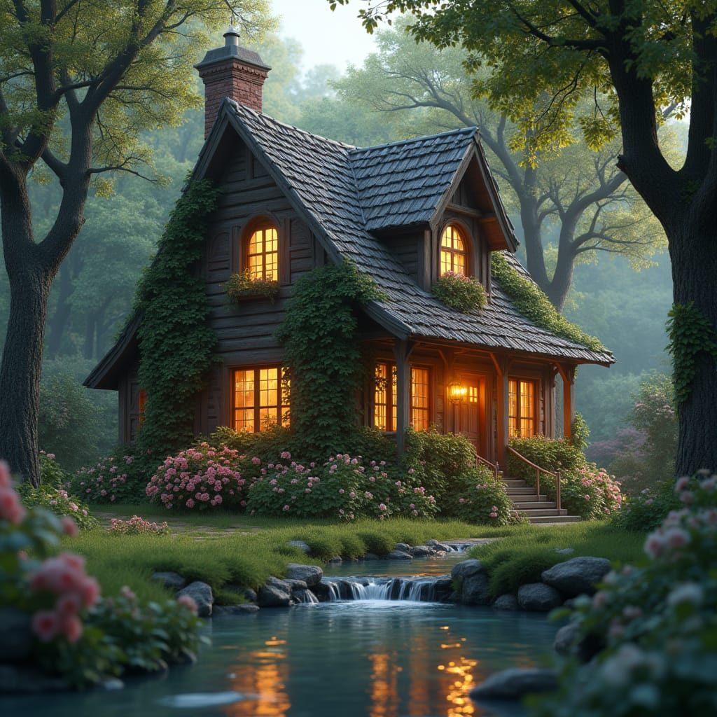Quaint Cottage Nestled in Lush Forest, 3D Render