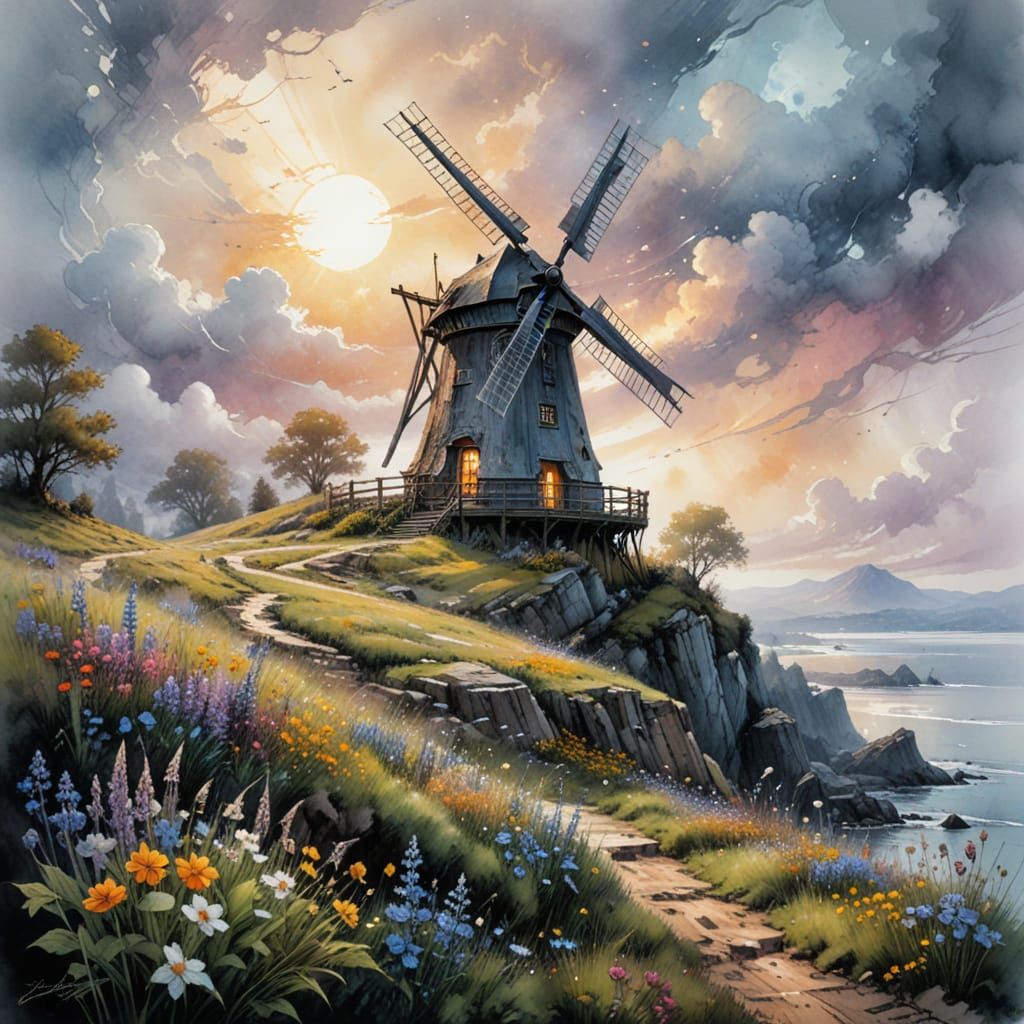 Windmill in Spring Wildflowers: Ethereal Watercolor Art