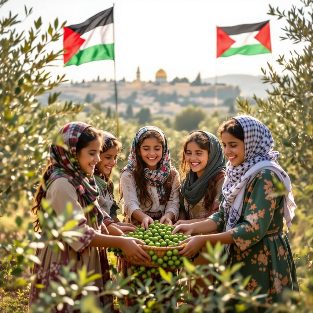 Palestinian Girls Harvesting Olives in Realistic Countryside...