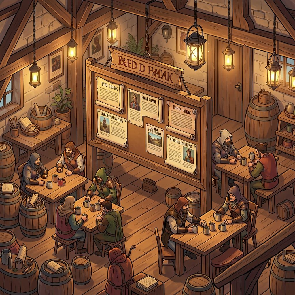 Isometric D&D Tavern Concept Art with Notice Board