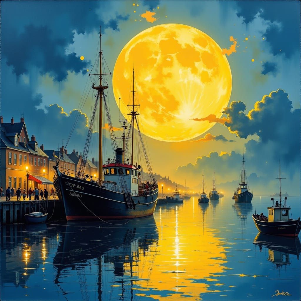 Vibrant oil painting. Close up of a large Fishing boat in th...