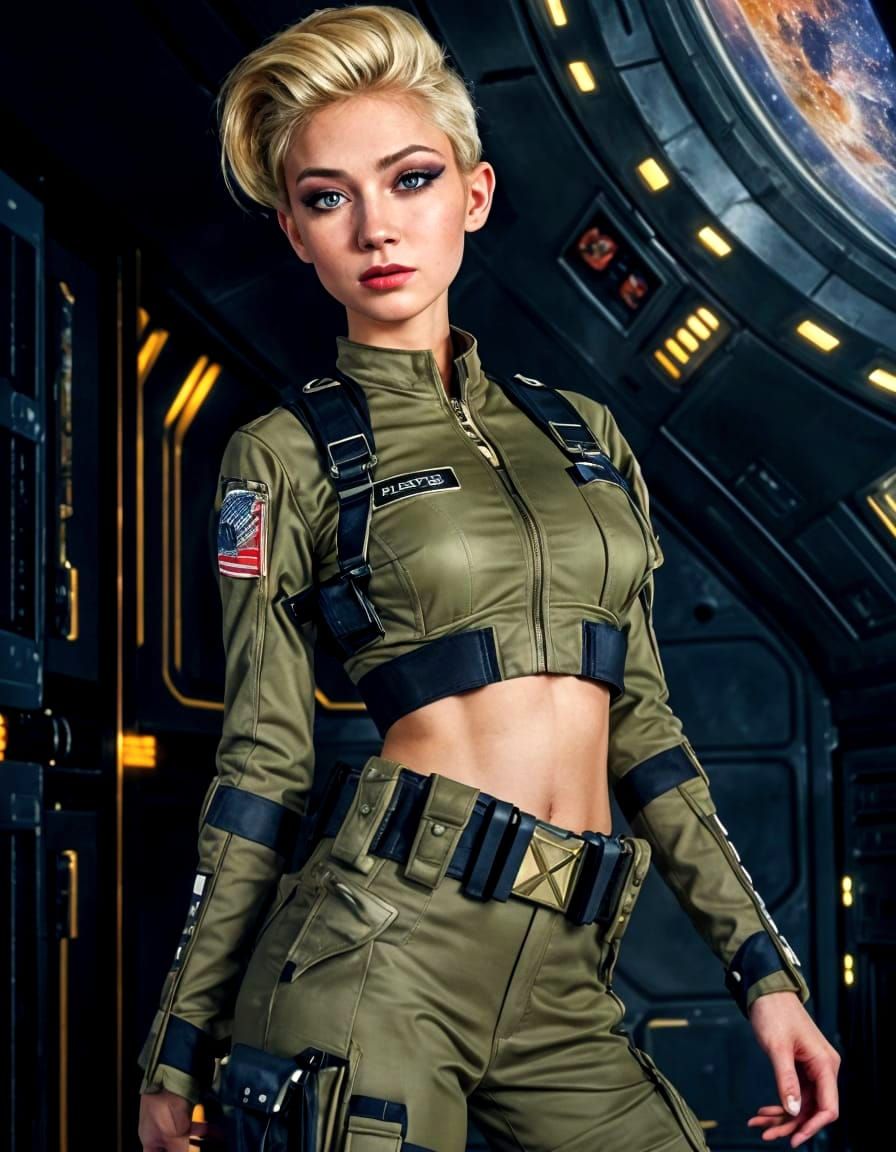 American Space Girl on Spaceship Storage Deck