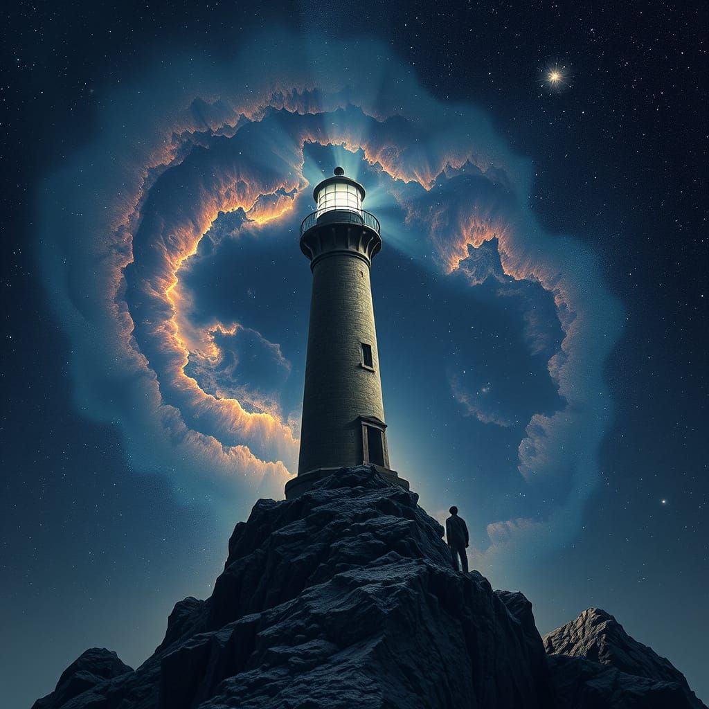 Cosmic Lighthouse Beam Pierces Nebulae Night Sky
