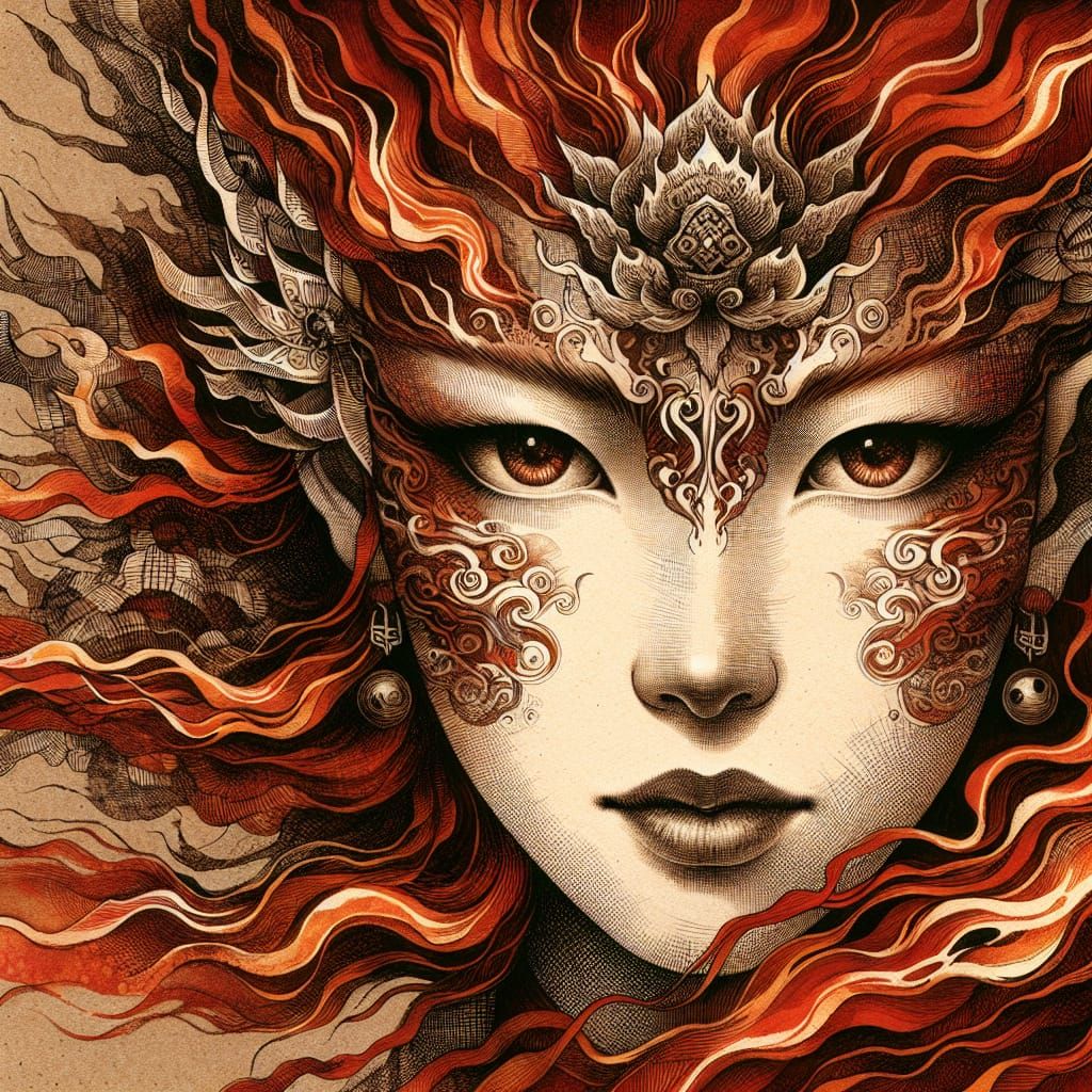 Mythical Fiery Goddess with Intricate Tattoo and Makeup