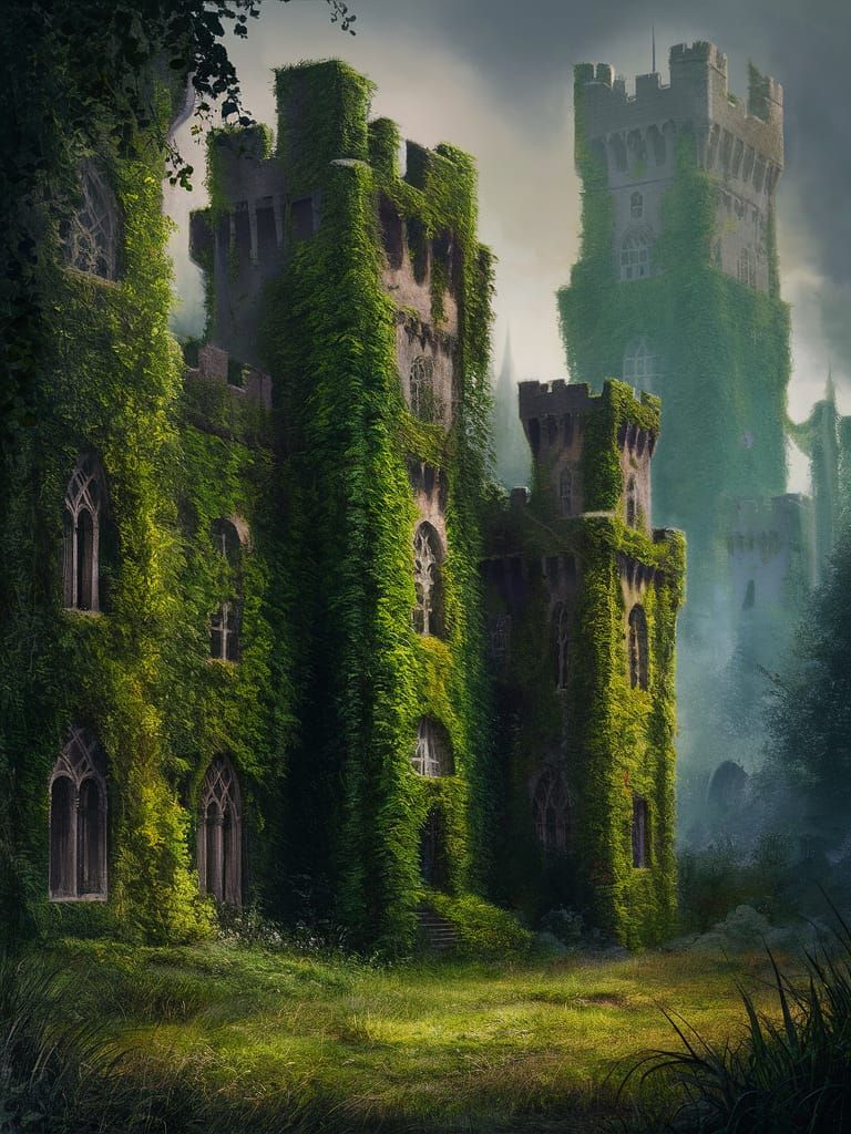 Fantasy Castle Engulfed by Nature in Haunting Scene