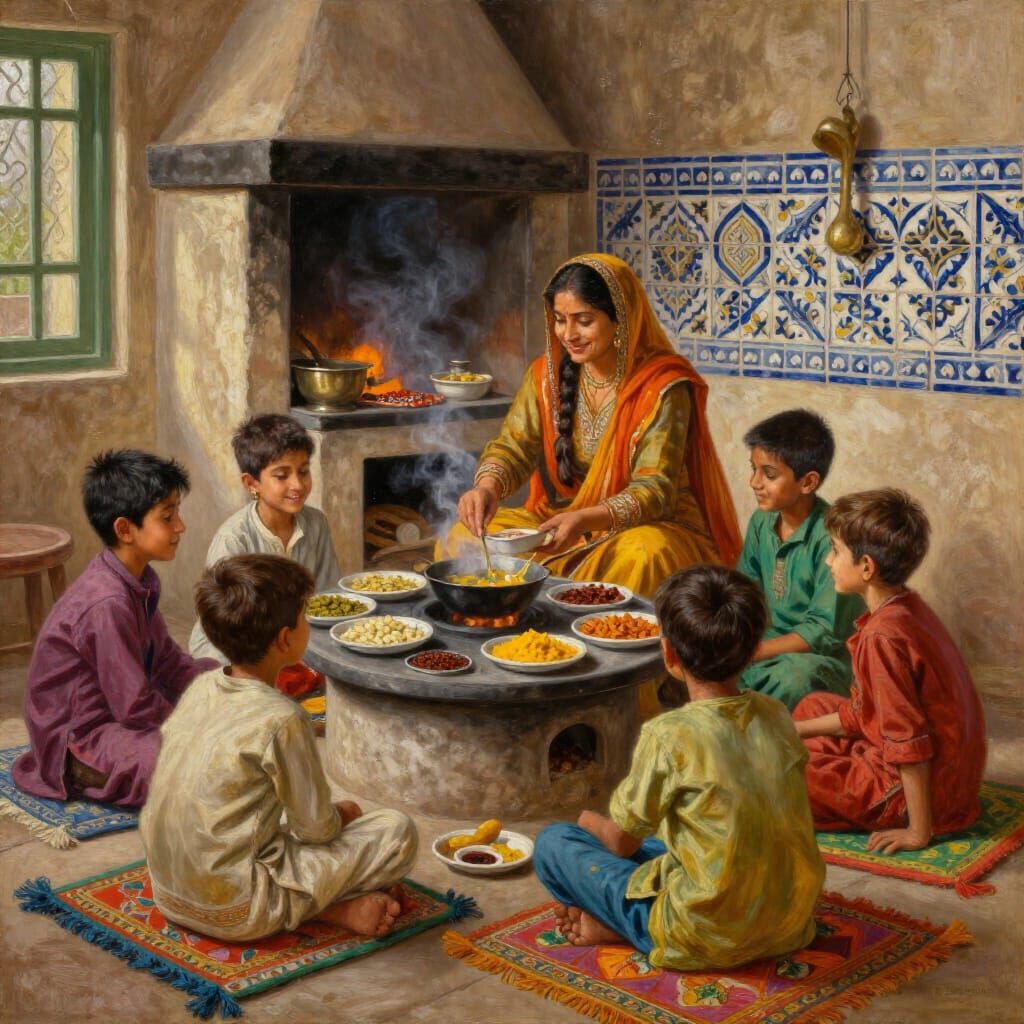 Pakistani Family Kitchen Scene in Oil Painting Style