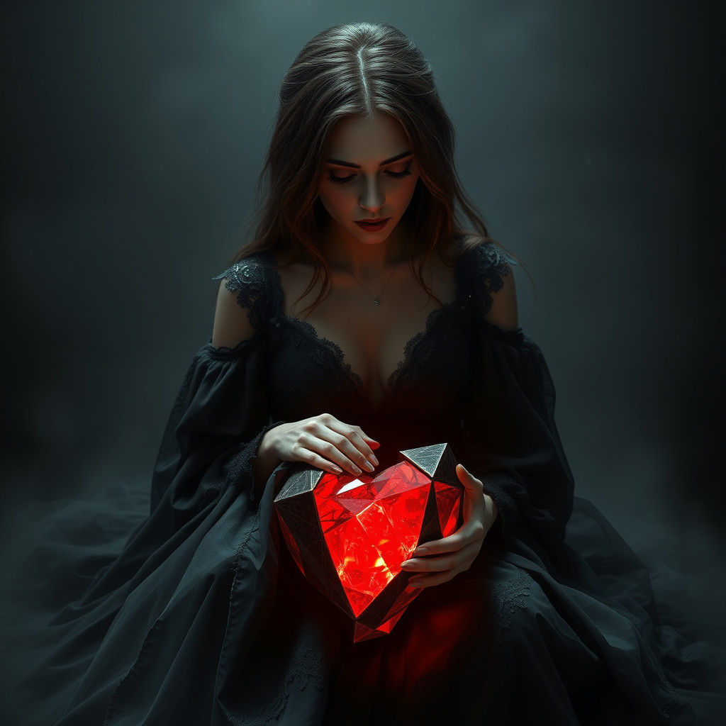 Mourning Woman with Diamond Heart in Matte Painting Style