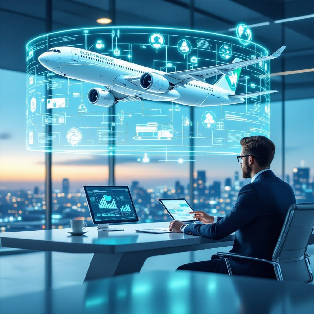 Manager with Holographic Tablet and Eco-Friendly Airplane