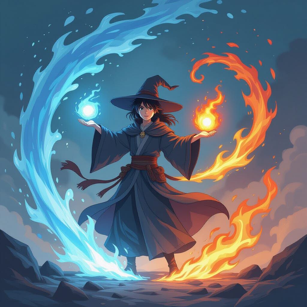 Young Mage Summoning Elemental Forces in Anime Style