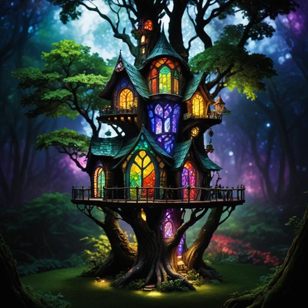 Stained Glass Treehouse Home at Night
