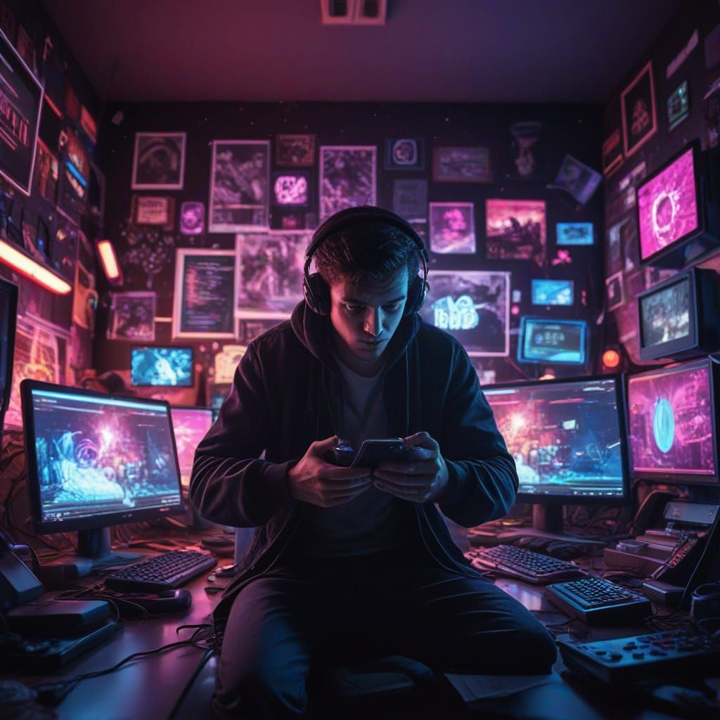 Frustrated Gamer Overwhelmed by Notifications in a Cyberpunk...