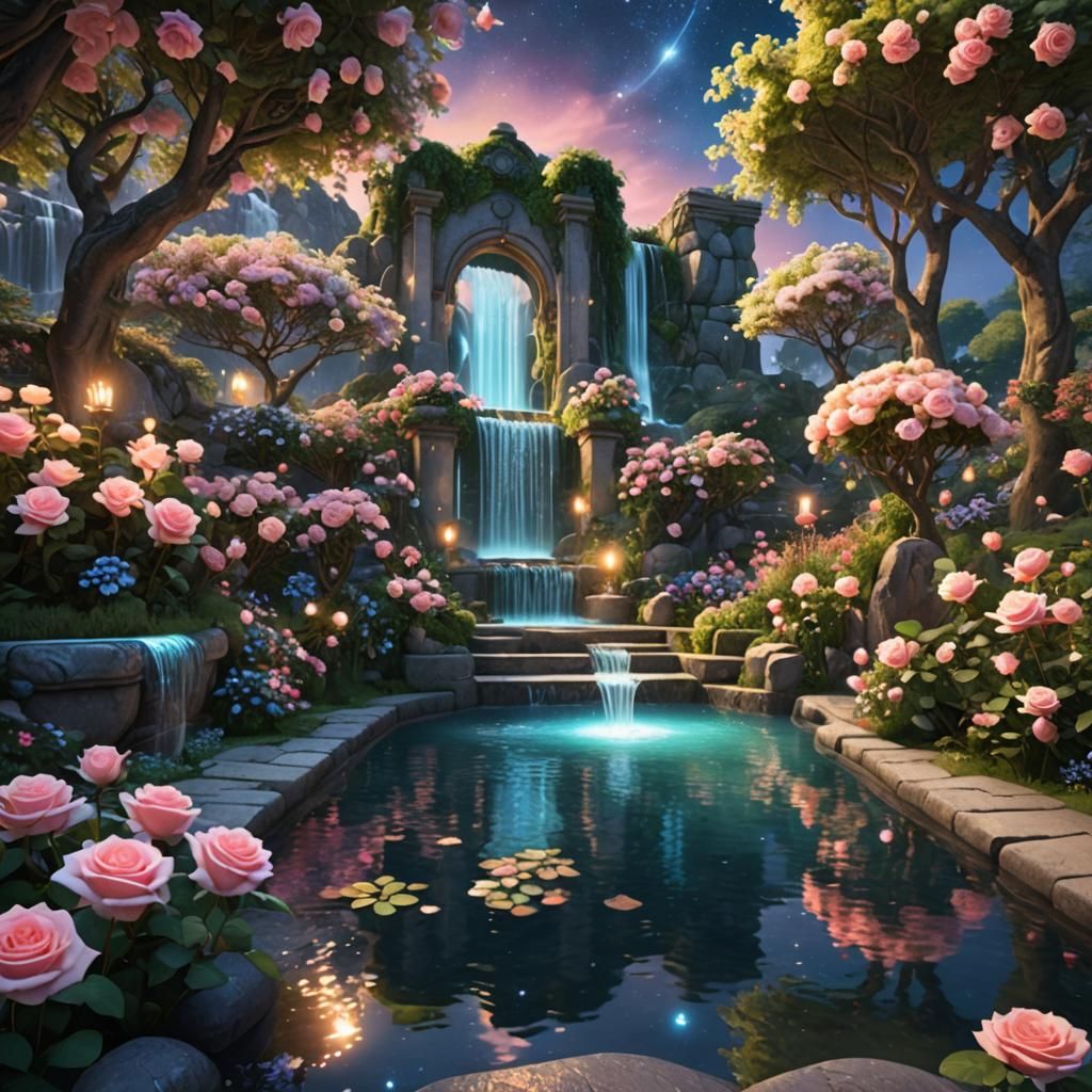 Enchanted Rose Garden with Waterfall: Fantasy Concept Art