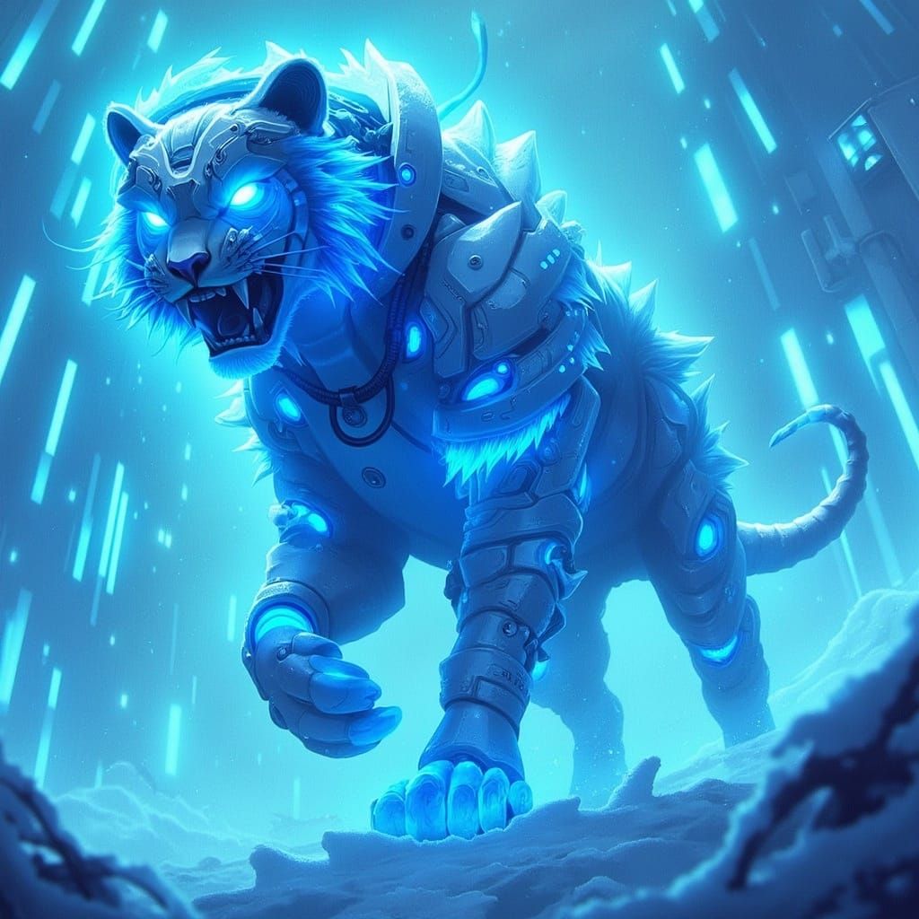 Majestic Cyber Tiger Dominates Dystopian Winter Landscape