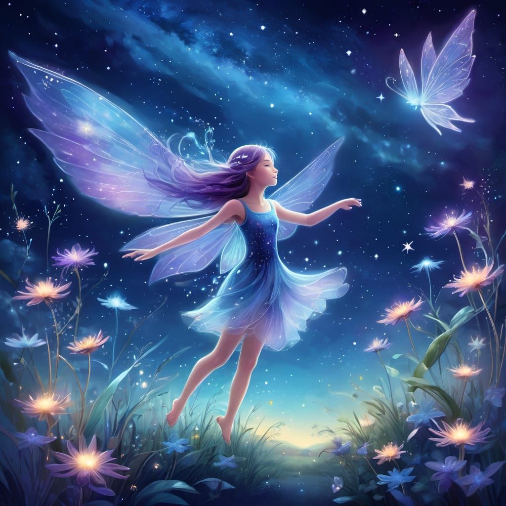 Whimsical Fairy Dance Under Starry Night Sky