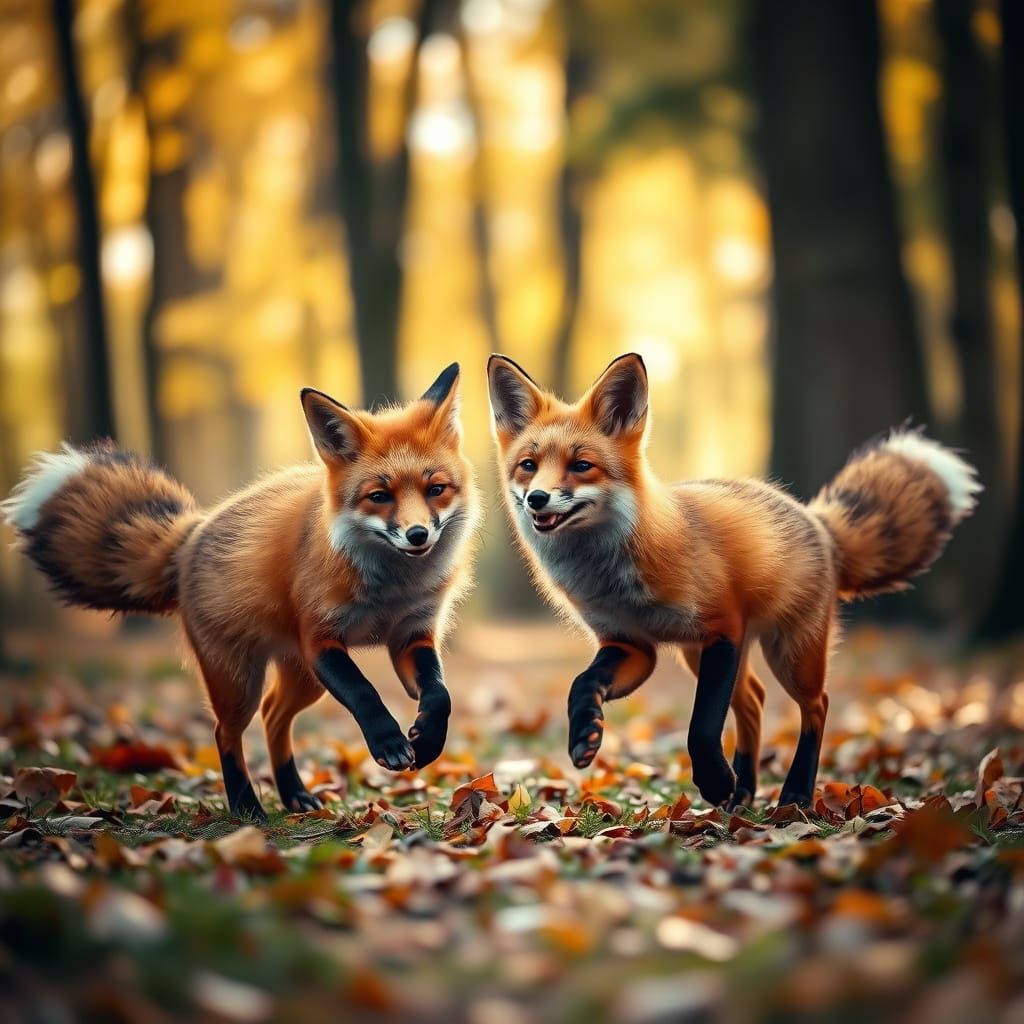 two foxes playing in a forest