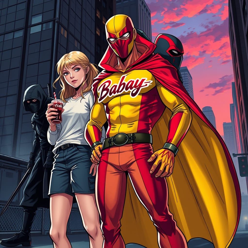 Vibrant Superhero Duo Stands Tall in Urban Cityscape