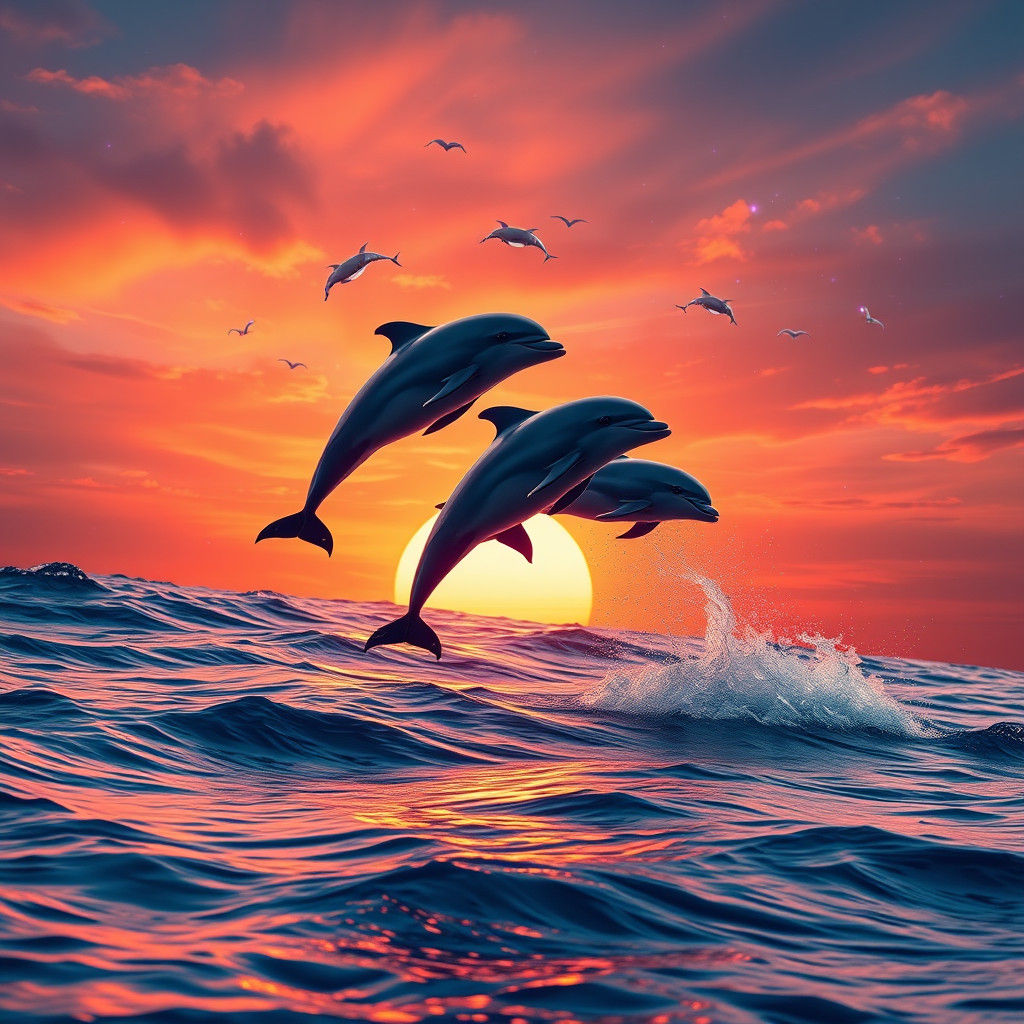 Mystical Sunset Dolphins: A Breathtaking Matte Painting