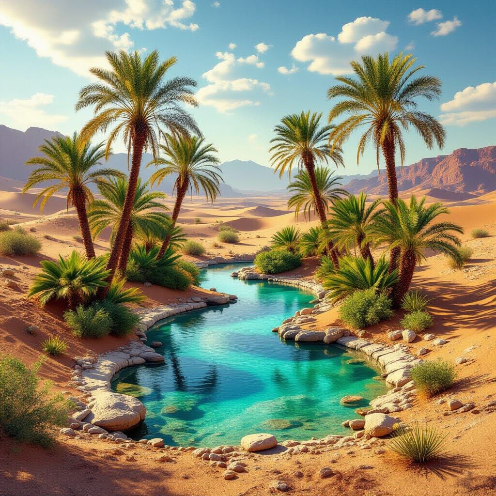 Lush Oasis Emerges from Barren Desert as Matte Painting