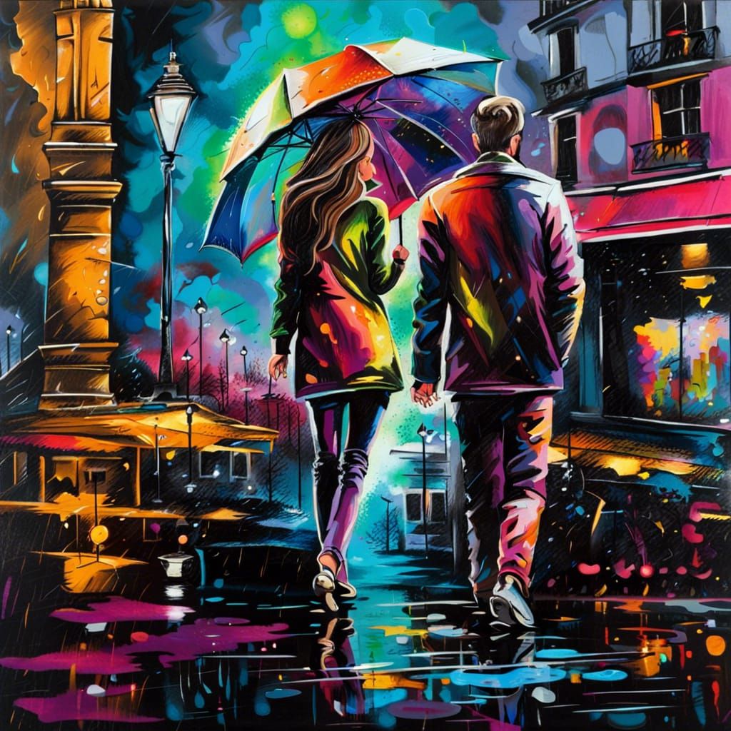 Romantic Couple in Rainy Paris: Graffiti Art