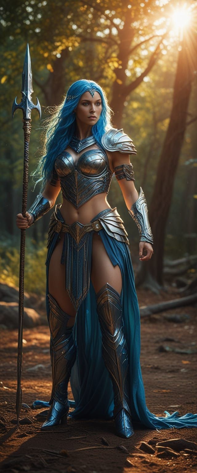 Muscular Warrior with Blue Hair and Crystal Armor Holding Sp...