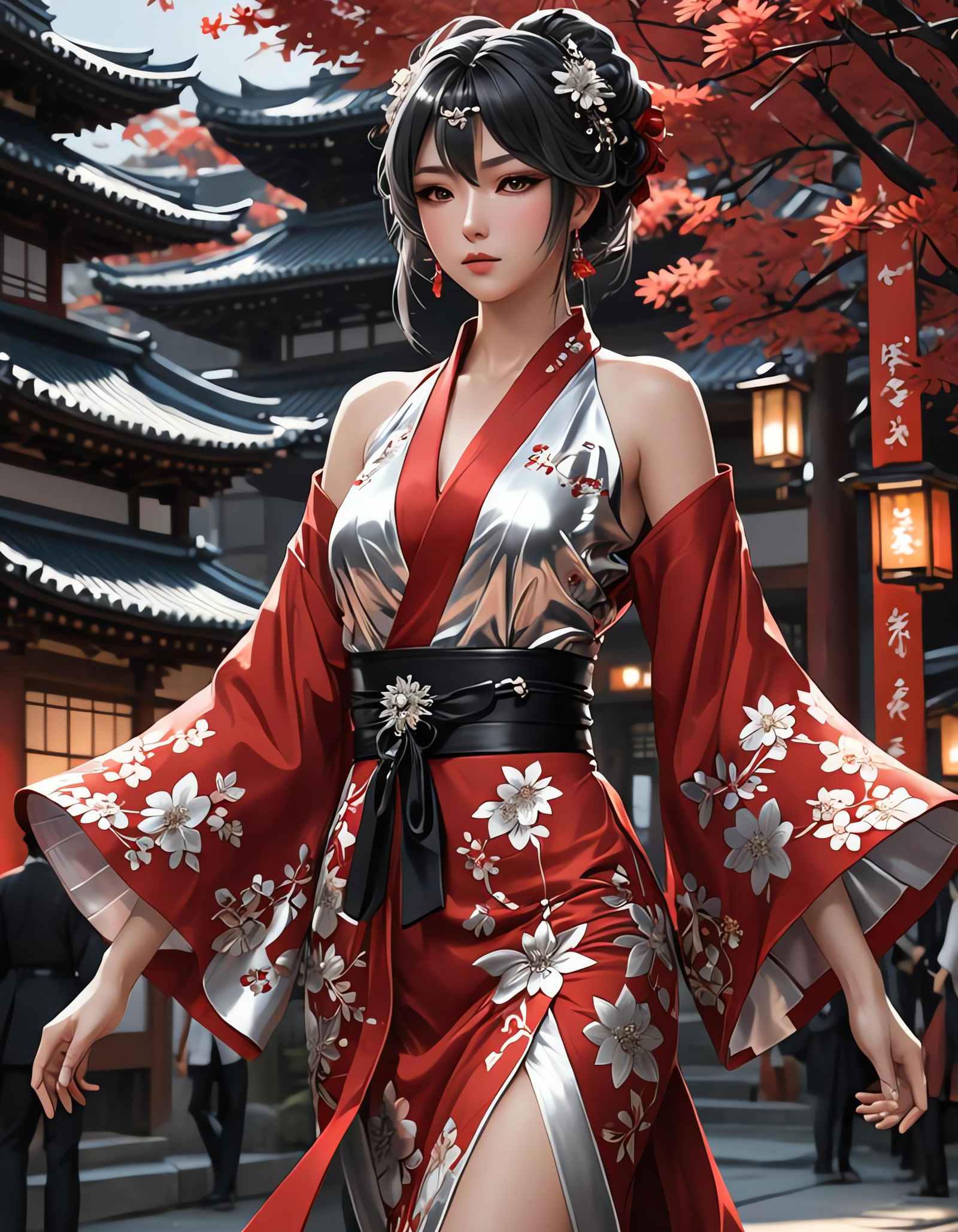 Elegant Red and Silver Kimono Dress in Anime Style
