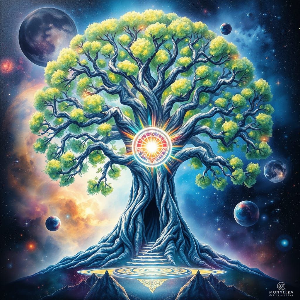Mystical Cosmic Ash Tree in Watercolor Style