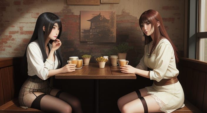 Three Women Relax in a Vintage Cafe, Fantasy Art