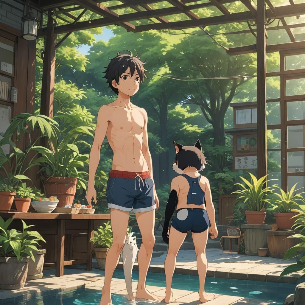 Anime Cat-Boy in Swim Briefs, Ghibli Style