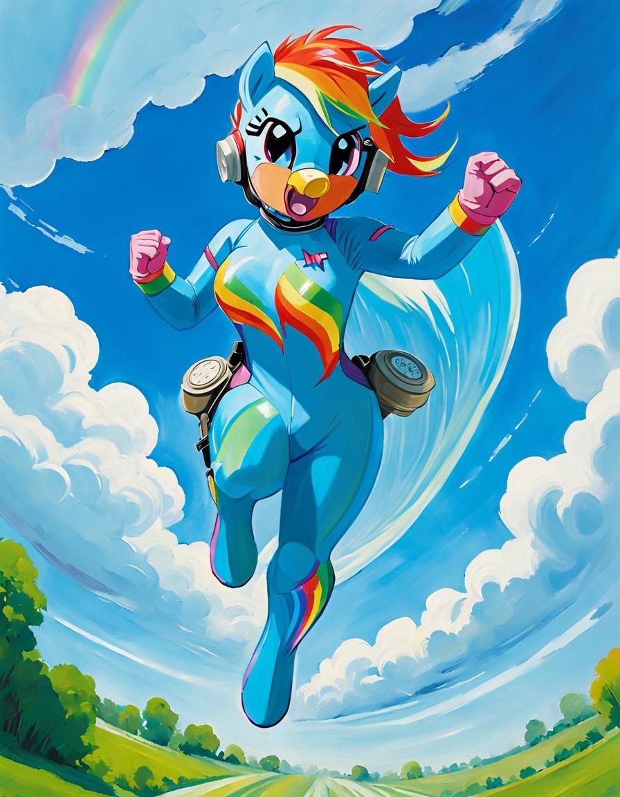 Muscular Woman Dancing on Cloud in Gouache Style