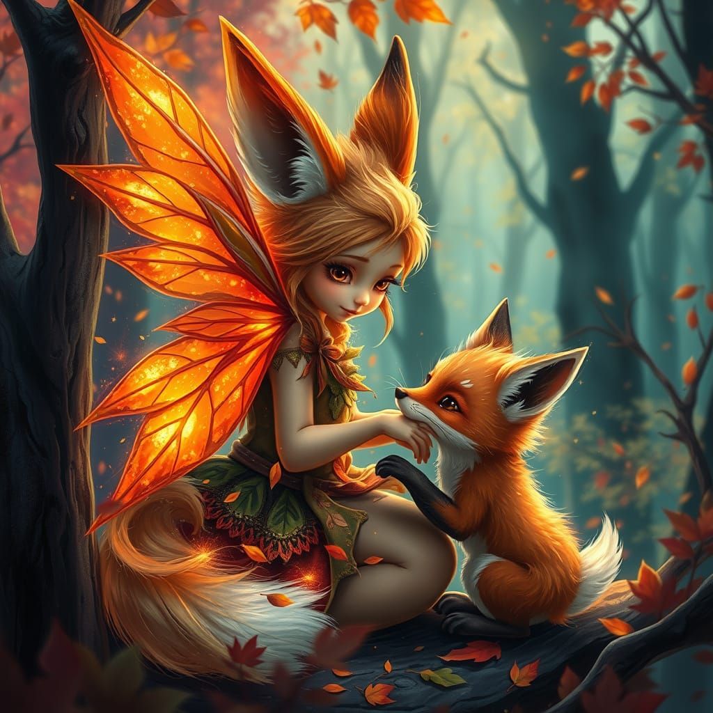 Wood Fairy Kitsune With Baby Fox in Enchanted Forest