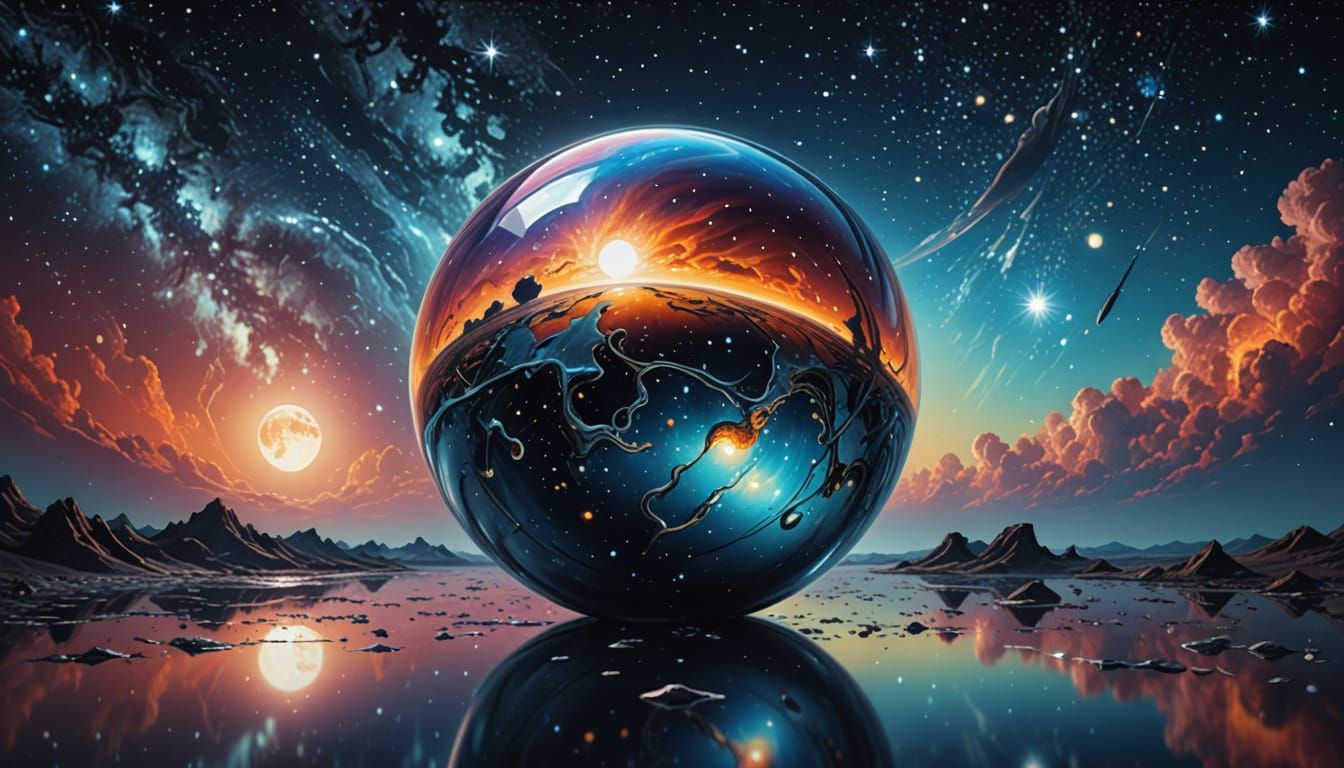 Surreal Cosmic Chrome Sphere in Ethereal Space