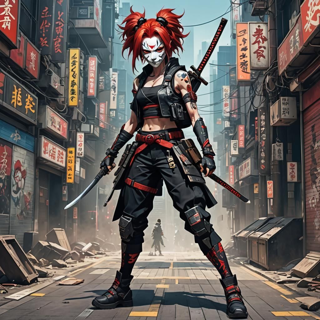 Cyberpunk Samurai in Kabuki Mask, Anime Style