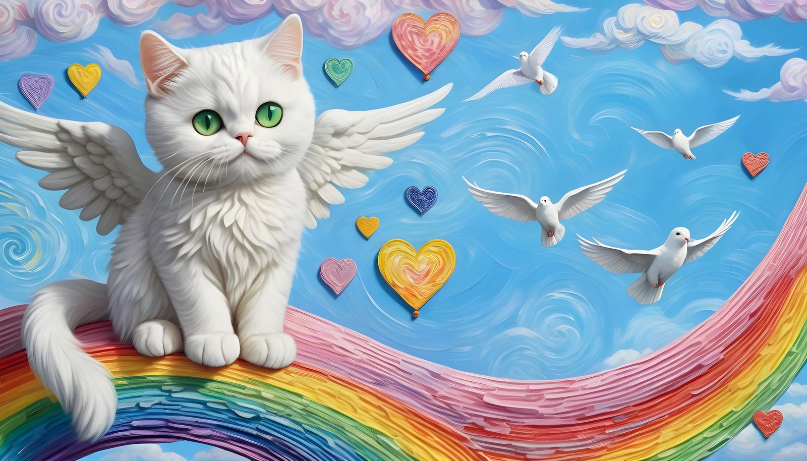White Cat with Angel Wings on Rainbow Bridge