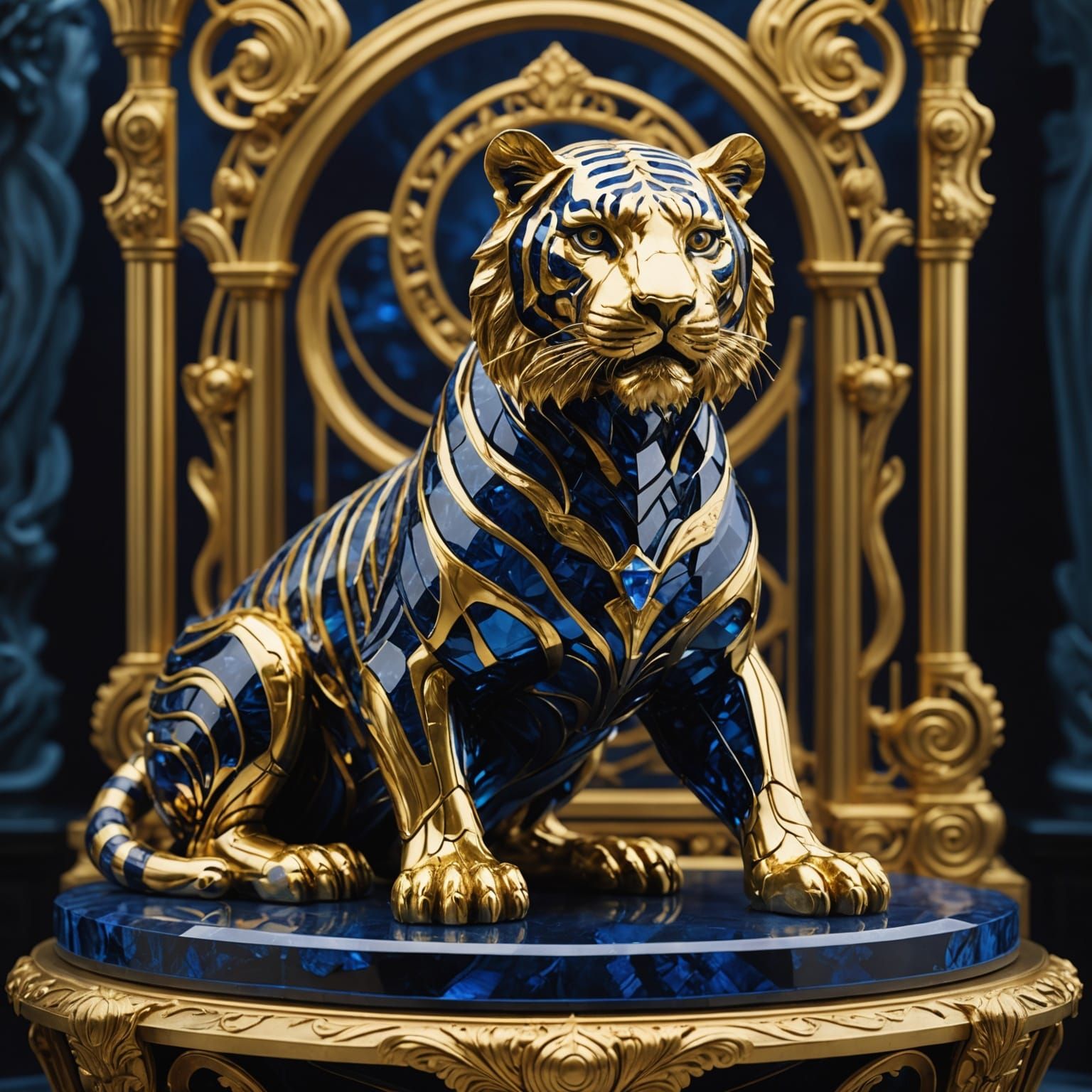 Sapphire and Gold Crystal Tiger in Art Nouveau Style