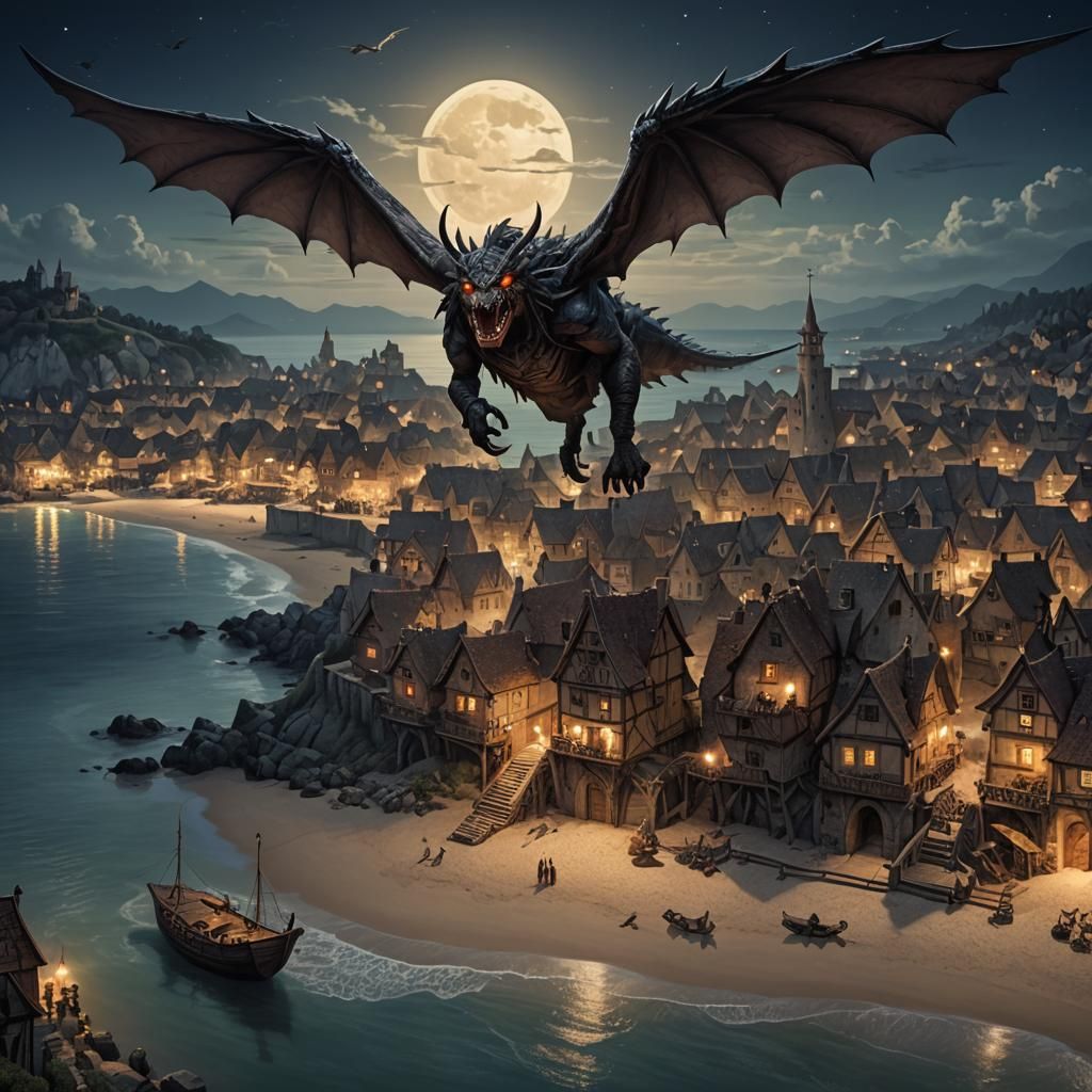 Giant Bat-Dragon Over Medieval Village
