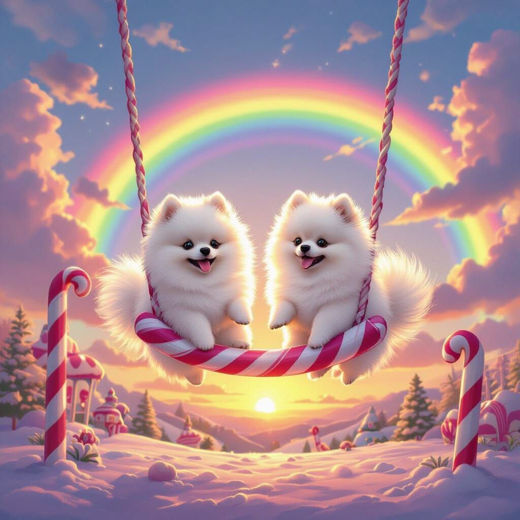 Pomeranians Swing on Candy Cane Pole in Rainbow Playground