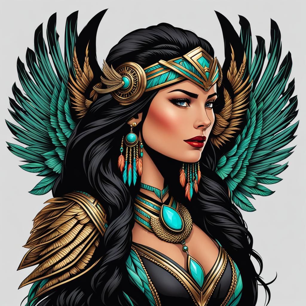 Native American Superhero with Eagle Wings and Spear