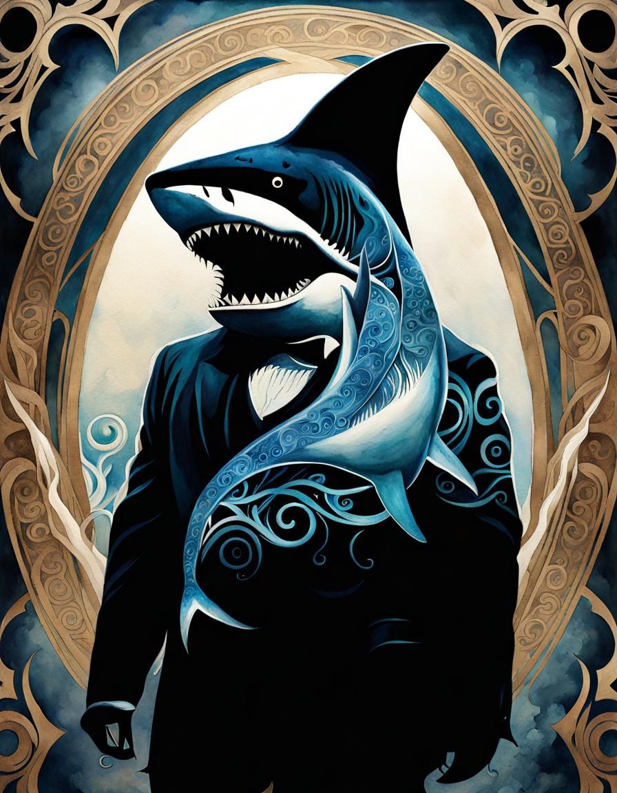 Smokey Shark Tribal Tattoo in Watercolor Style