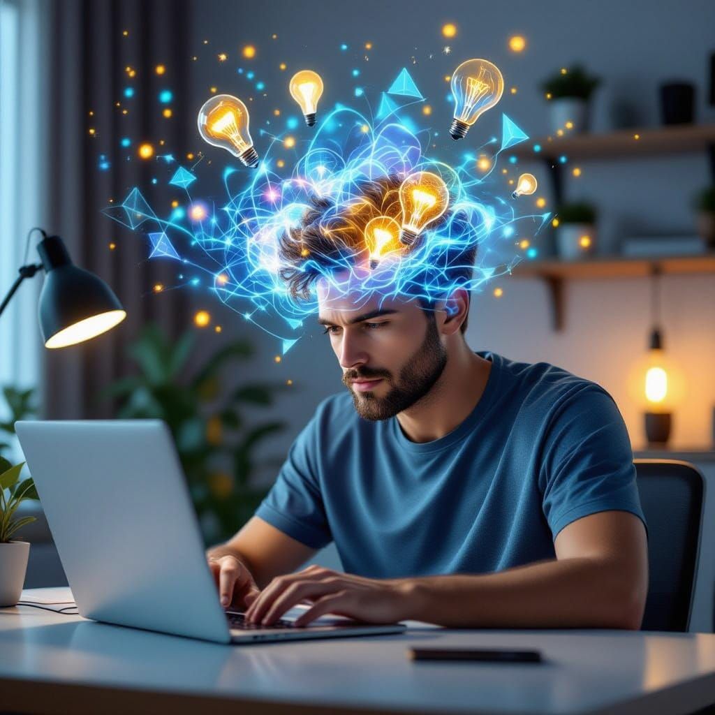 Man's Mind Ablaze with Ideas on Modern Desk