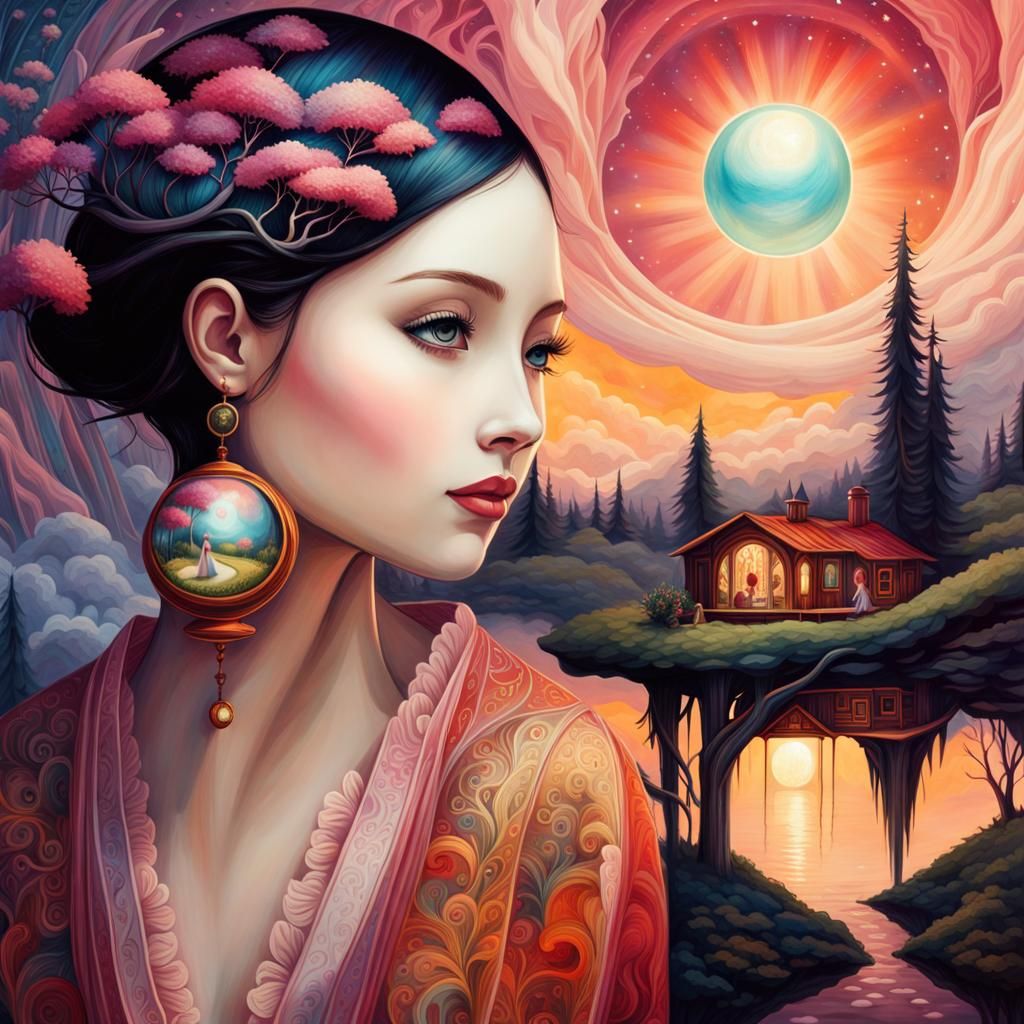 Girl in Utopic Sphere: Digital Alcohol Ink Illustration