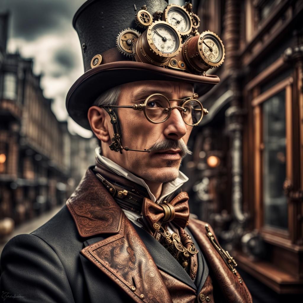 Hyperrealistic Steampunk Maître D in Cinematic Style